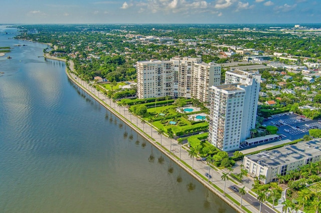 drone / aerial view with a water view