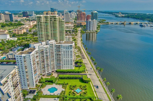 drone / aerial view featuring a water view