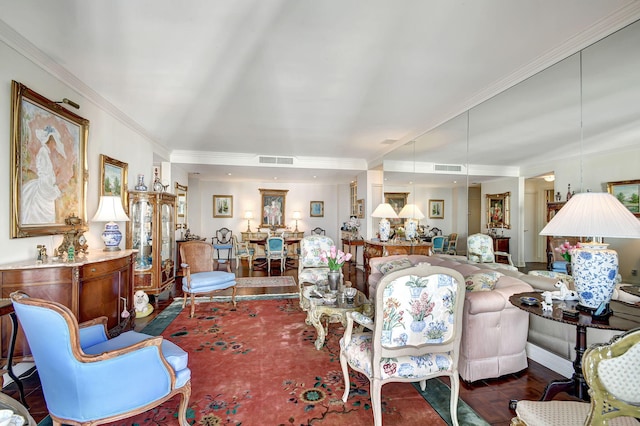 living room with ornamental molding