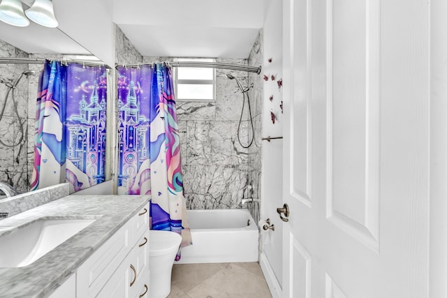 full bathroom featuring shower / bath combo, toilet, and vanity