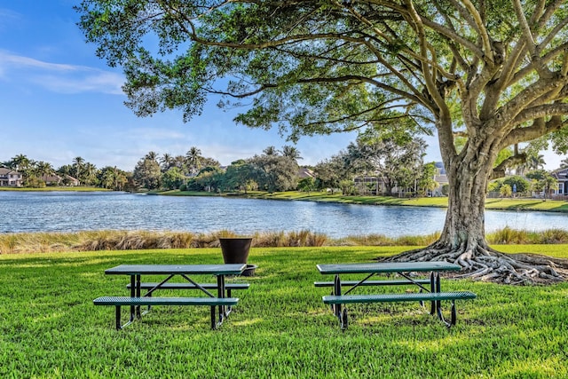 surrounding community featuring a water view and a yard