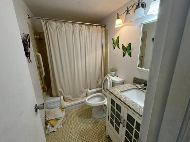 full bathroom featuring toilet, vanity, shower / bath combo, and tile patterned floors