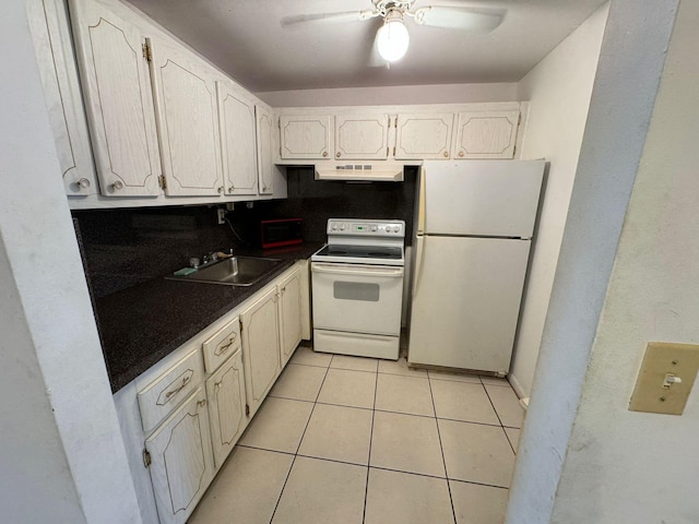 kitchen with sink, light tile patterned floors, ceiling fan, white cabinetry, and white appliances