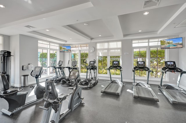 gym with a tray ceiling and a wealth of natural light