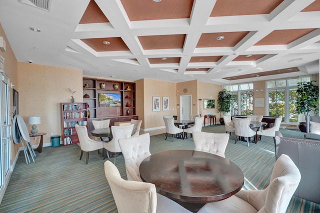 carpeted dining room featuring beam ceiling and coffered ceiling