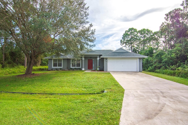 single story home with a front lawn and a garage