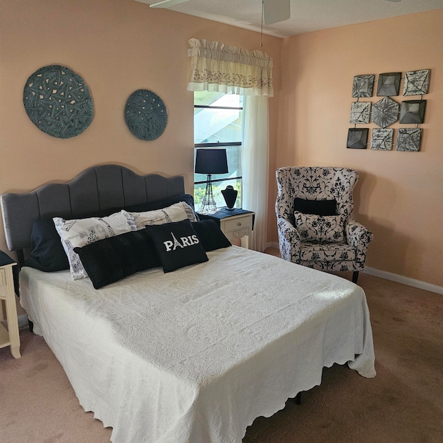 bedroom featuring carpet floors and ceiling fan