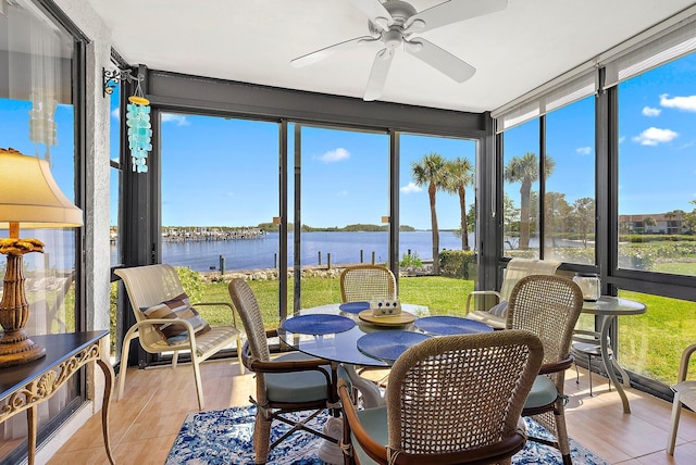 sunroom with ceiling fan and a water view