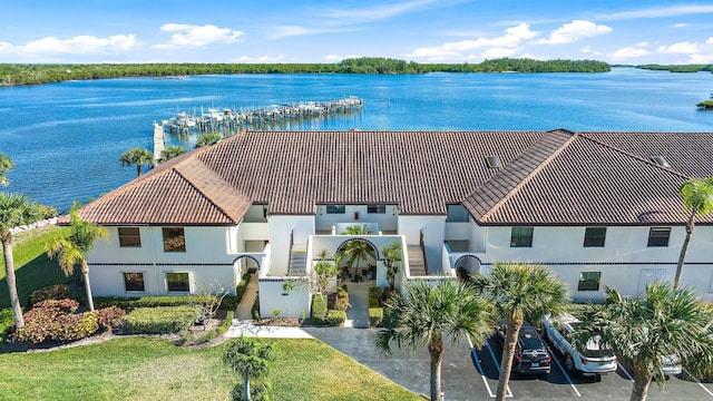 bird's eye view with a water view