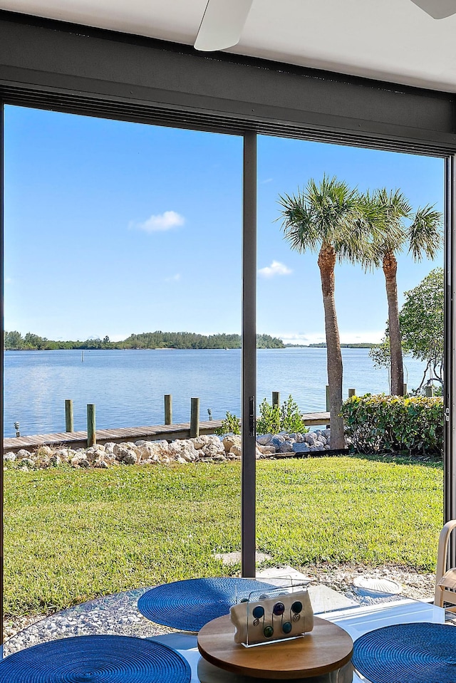 view of patio / terrace with a boat dock and a water view