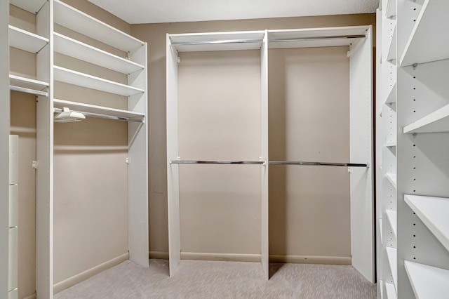 walk in closet featuring light carpet