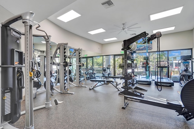 gym featuring plenty of natural light and ceiling fan