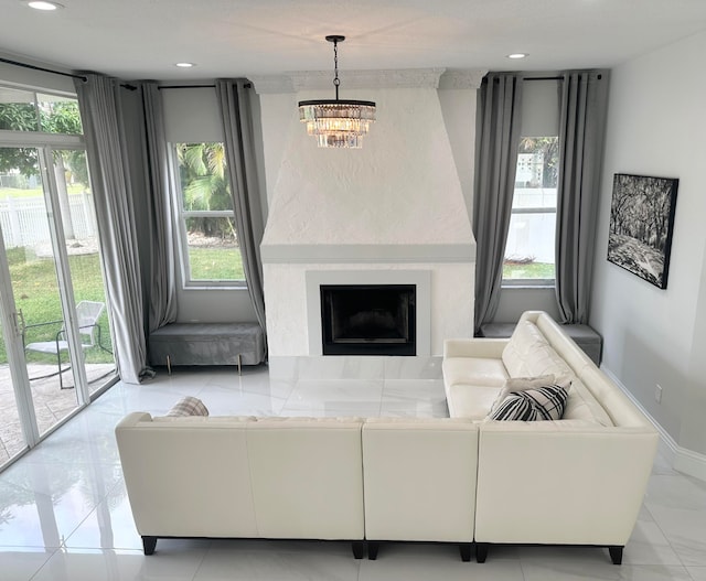 living room featuring a chandelier