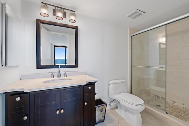 full bathroom featuring toilet, a stall shower, visible vents, and tile patterned floors