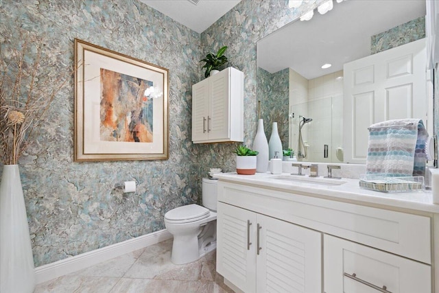 bathroom with a shower, vanity, and toilet