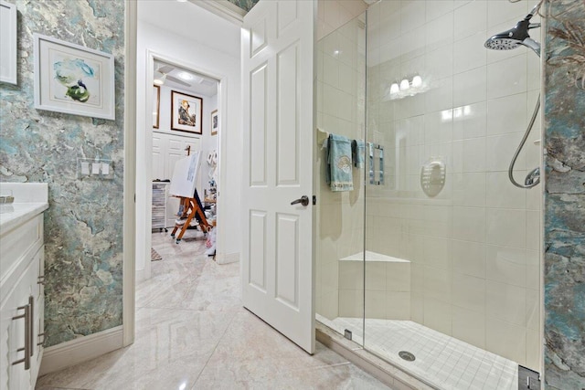 bathroom with vanity and an enclosed shower