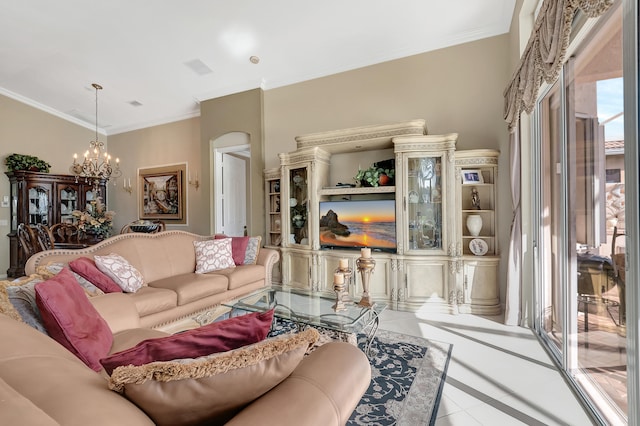 living room with ornamental molding, light tile patterned floors, and a chandelier