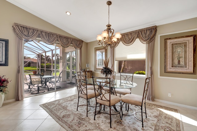 tiled dining area with an inviting chandelier, plenty of natural light, lofted ceiling, and crown molding