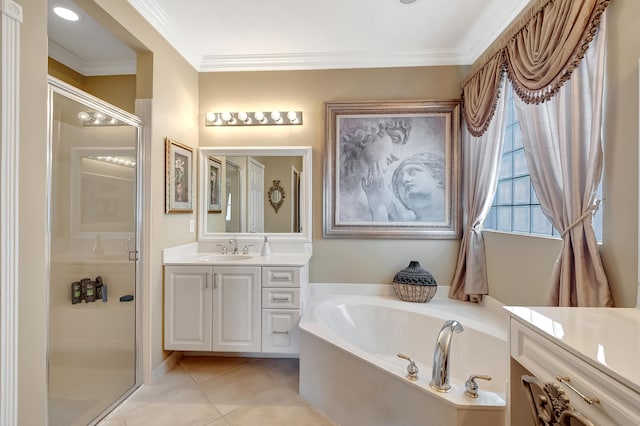 bathroom featuring ornamental molding, vanity, tile patterned floors, and independent shower and bath