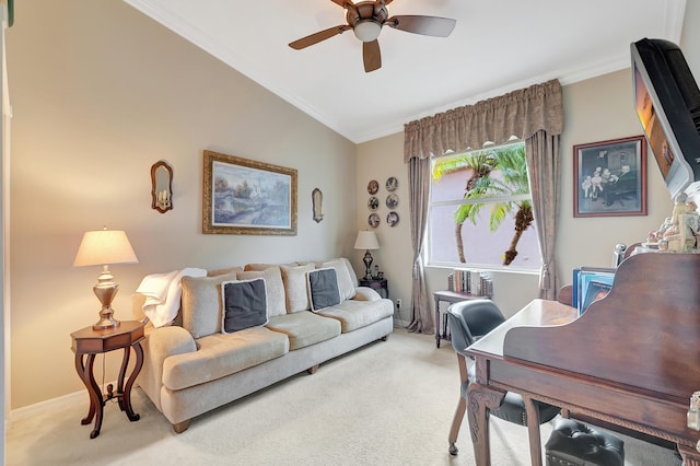 living room featuring light colored carpet, vaulted ceiling, ceiling fan, and ornamental molding