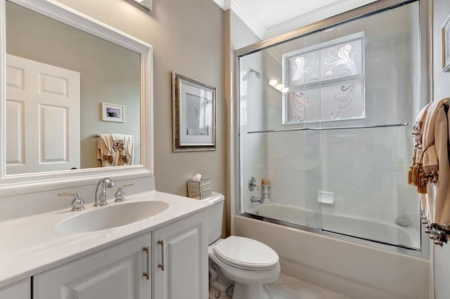 full bathroom featuring shower / bath combination with glass door, vanity, toilet, and ornamental molding