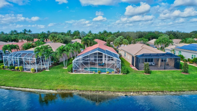 bird's eye view with a water view