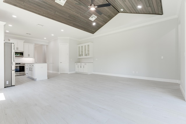 unfurnished living room with ceiling fan, crown molding, high vaulted ceiling, wooden ceiling, and light hardwood / wood-style floors