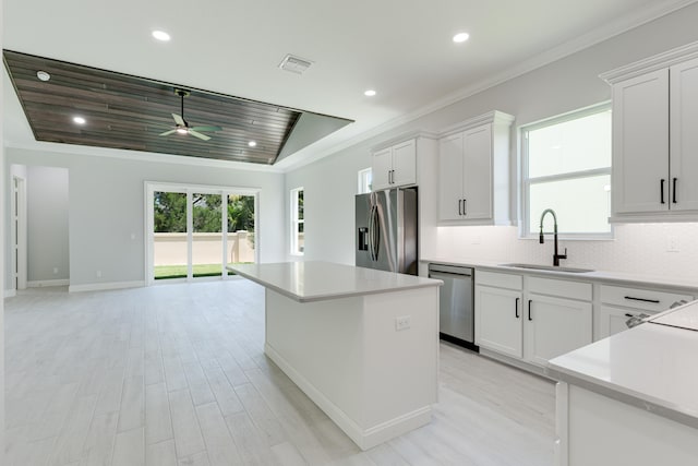 kitchen with white cabinets, appliances with stainless steel finishes, and sink