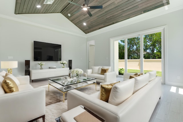 living room with ornamental molding, ceiling fan, high vaulted ceiling, wooden ceiling, and light hardwood / wood-style floors