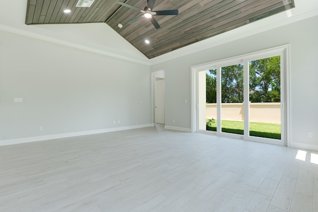 unfurnished room with high vaulted ceiling, wood ceiling, ceiling fan, and light hardwood / wood-style floors