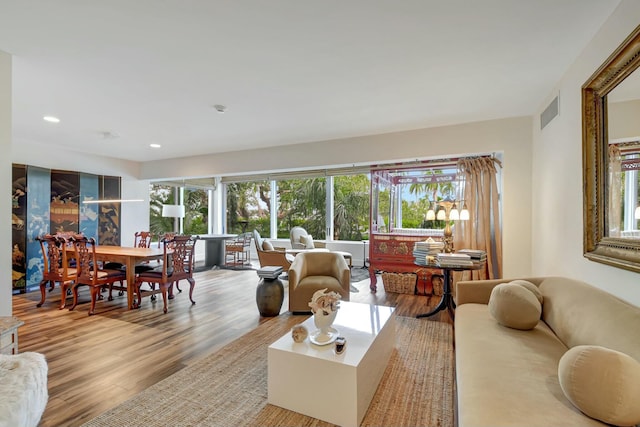 living room with a wealth of natural light and light hardwood / wood-style flooring