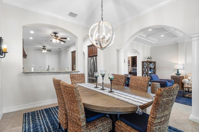 dining space featuring ornamental molding, beamed ceiling, light tile patterned floors, coffered ceiling, and decorative columns