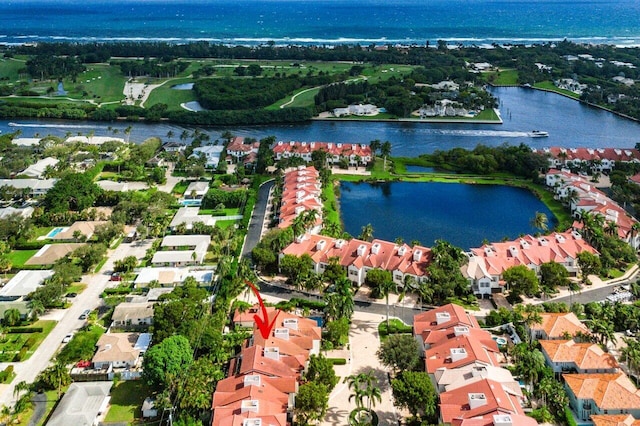 drone / aerial view featuring a water view