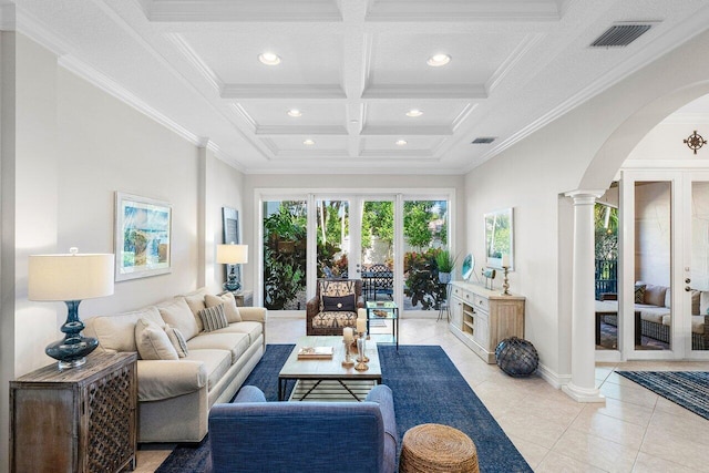 tiled living room with coffered ceiling, beam ceiling, crown molding, and french doors