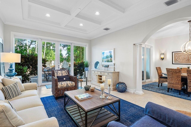 tiled living room with beam ceiling, ornate columns, french doors, coffered ceiling, and crown molding