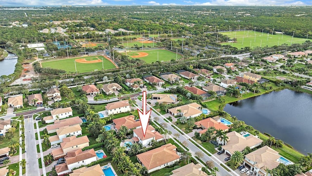 drone / aerial view featuring a water view