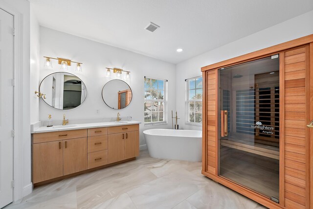 bathroom with a washtub and vanity