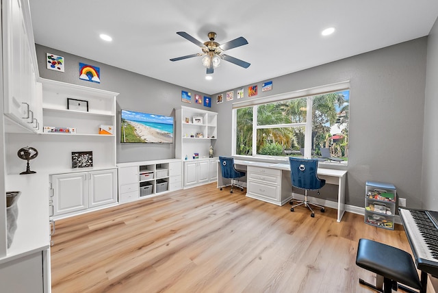 office area featuring recessed lighting, ceiling fan, light wood-style flooring, and baseboards