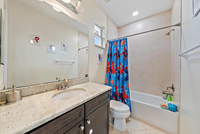 full bath with recessed lighting, tile patterned flooring, shower / bath combination with curtain, toilet, and vanity