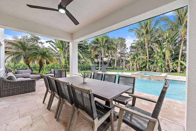view of patio / terrace with an outdoor living space, ceiling fan, outdoor dining space, an outdoor pool, and an in ground hot tub