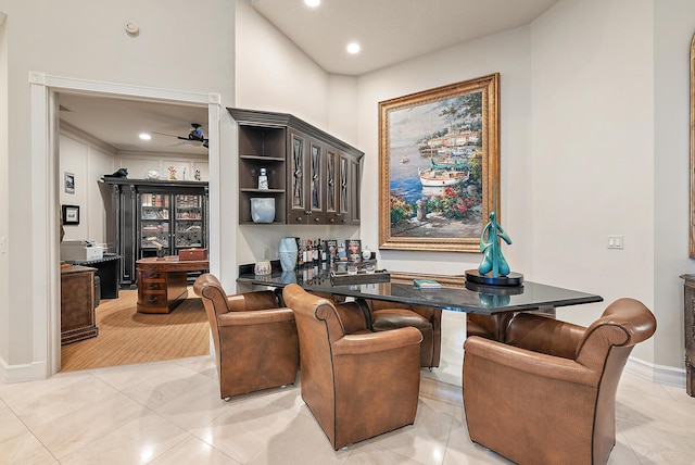 living room featuring french doors, baseboards, a high ceiling, visible vents, and recessed lighting