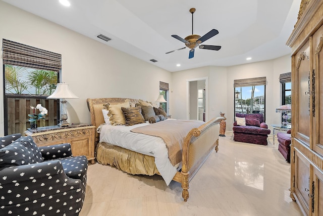 bedroom with ceiling fan, visible vents, and recessed lighting