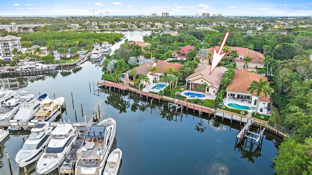 drone / aerial view with a water view