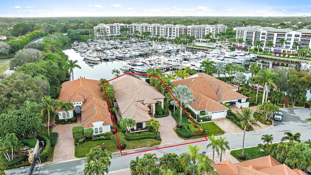 bird's eye view with a water view