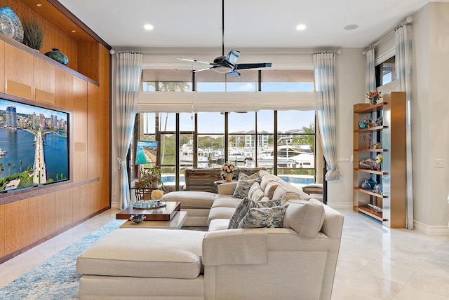 living room featuring recessed lighting, visible vents, ceiling fan, and light tile patterned floors