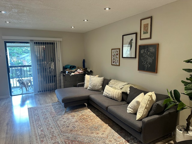 living room featuring a textured ceiling and dark hardwood / wood-style floors