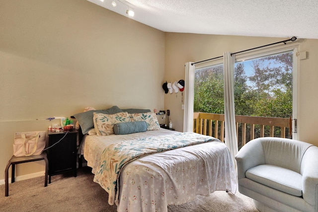 carpeted bedroom with a textured ceiling, lofted ceiling, and access to outside