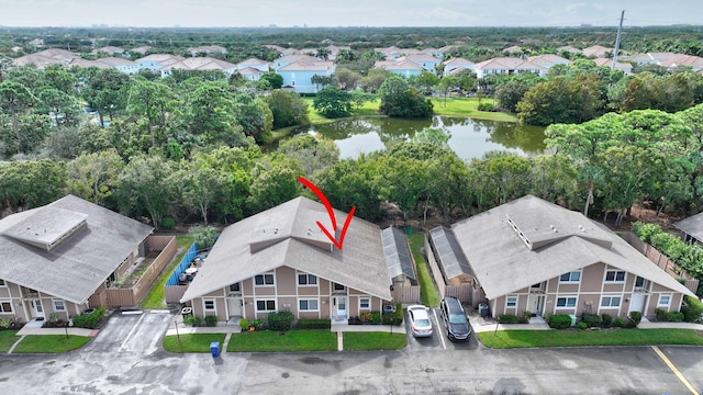 aerial view featuring a water view