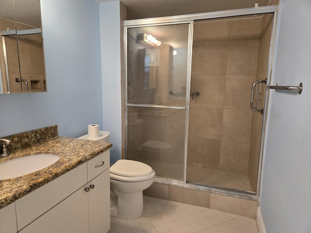 bathroom with tile patterned flooring, a shower stall, vanity, and toilet