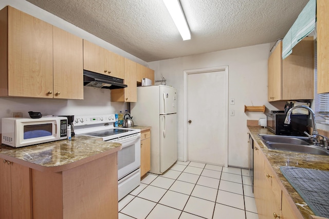 1801 SW Beeker St S, Port Saint Lucie, FL 34953 - kitchen featuring white appliances, under cabinet range hood, a textured ceiling, a sink, and light brown cabinetry